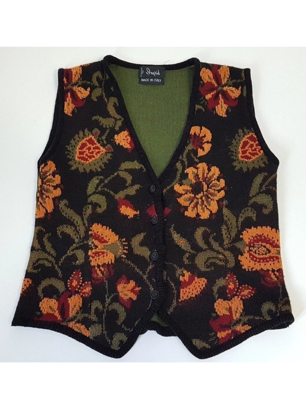 Ingrid Floral Knit Vest Made in Italy Fall Flowers Women's Size Approx S Black